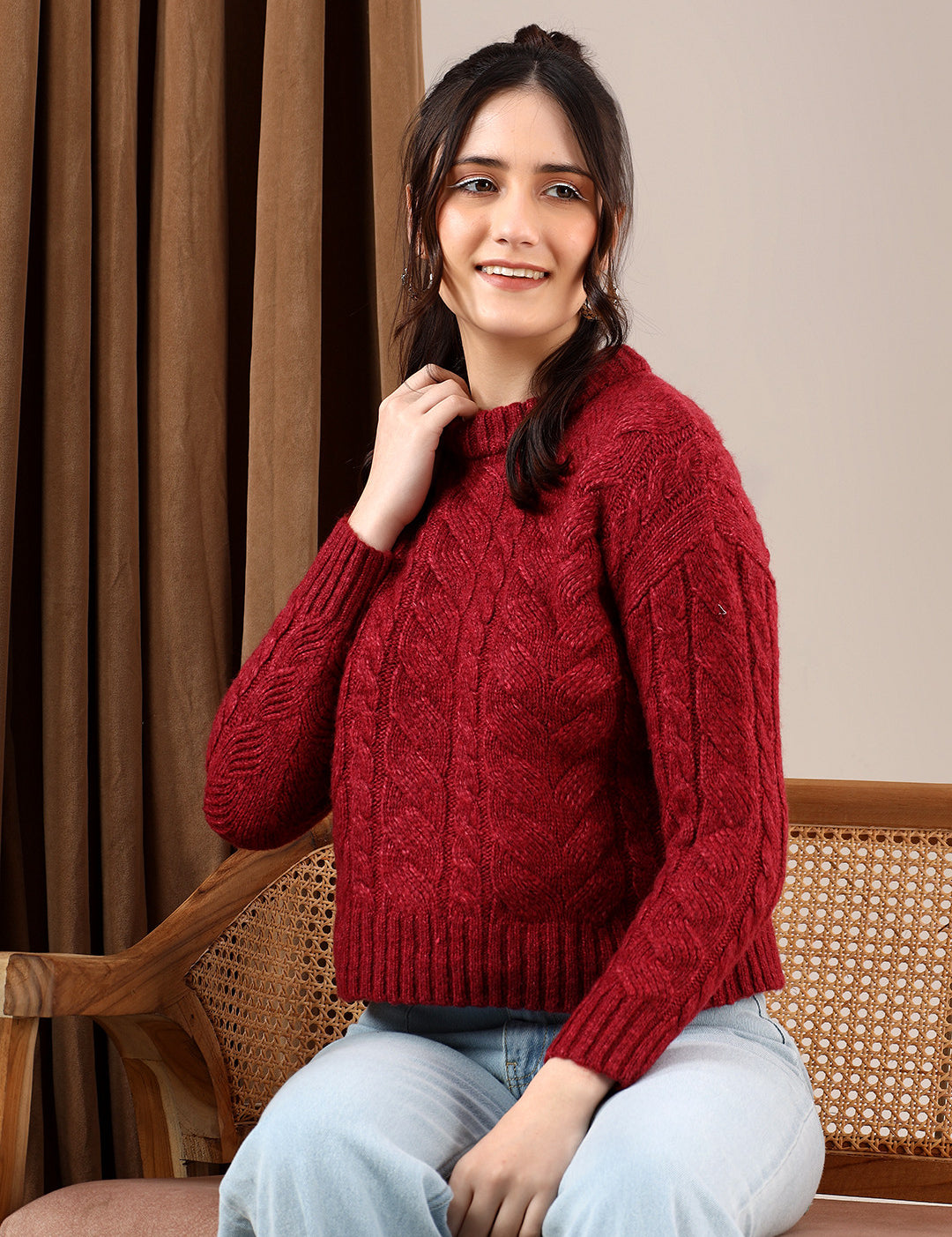 KOTTY Self Design High Neck Casual Women Red Sweater 