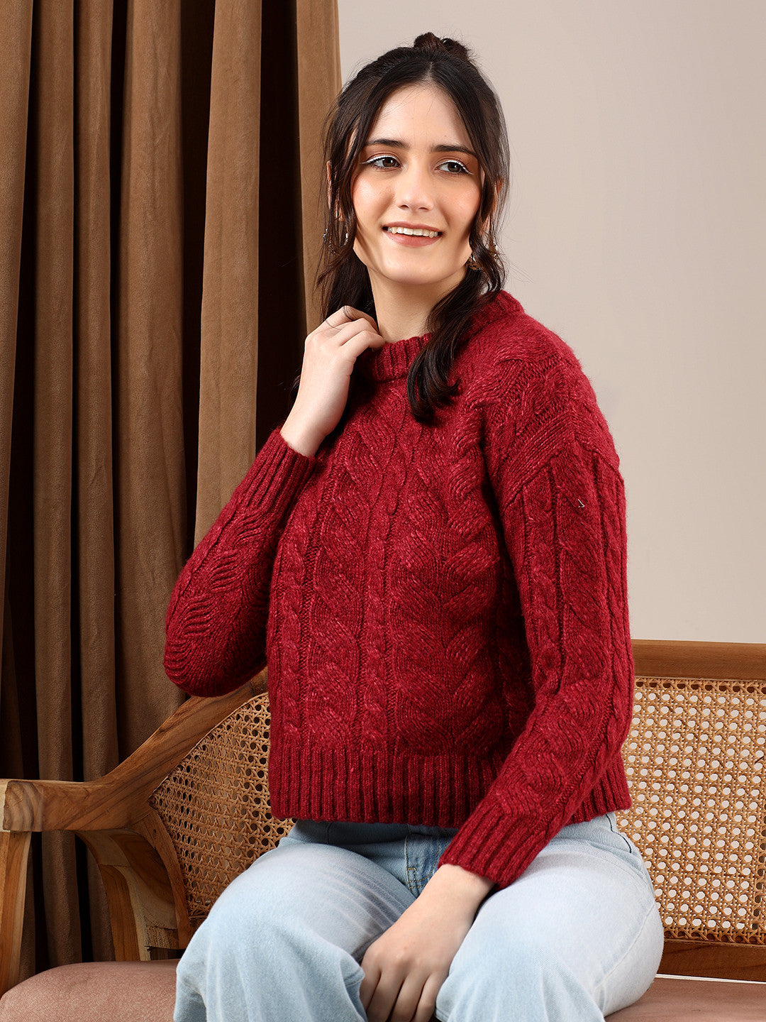 KOTTY Self Design High Neck Casual Women Red Sweater 