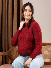 KOTTY Self Design High Neck Casual Women Red Sweater 