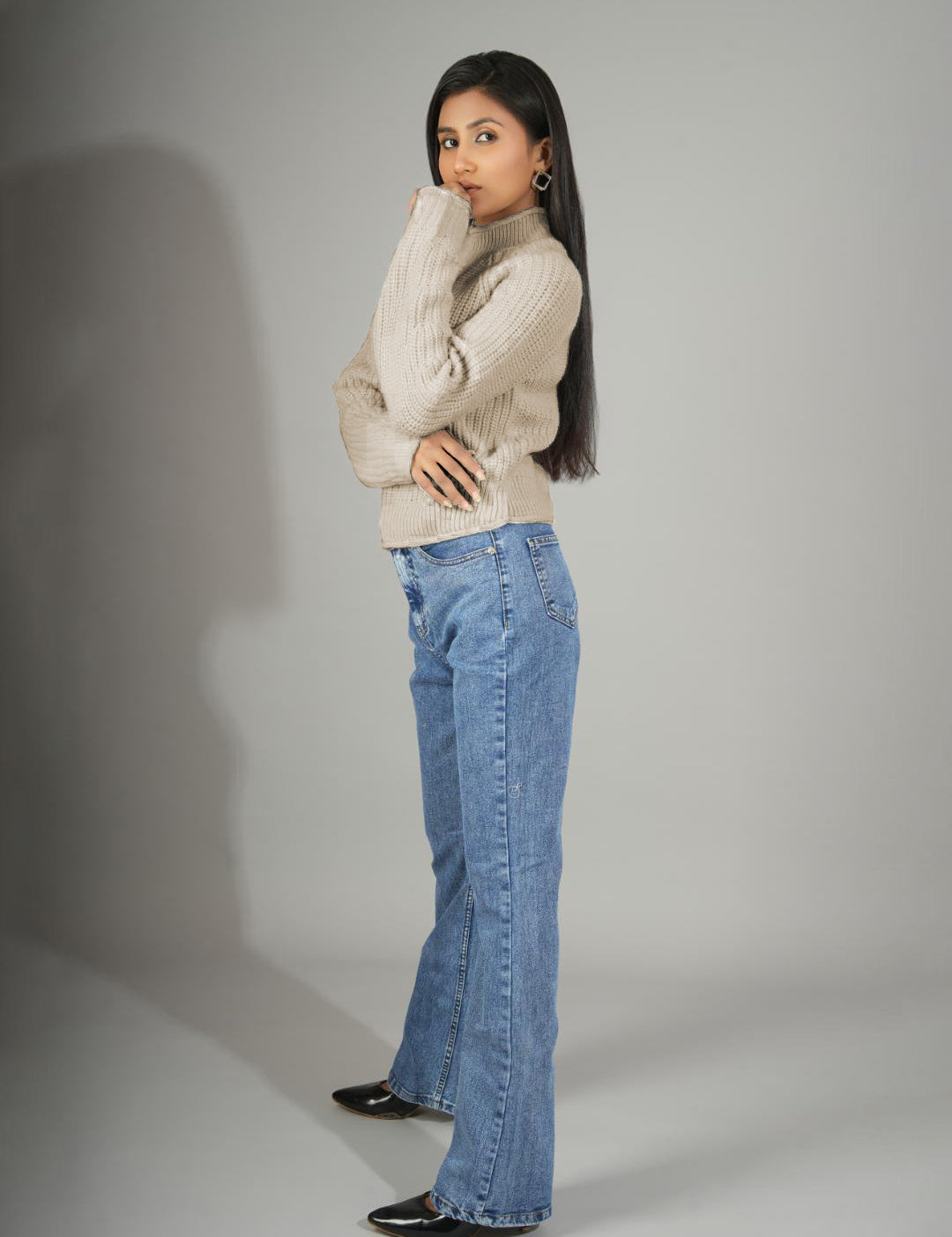 KOTTY Solid High Neck Casual Women Beige Sweater 