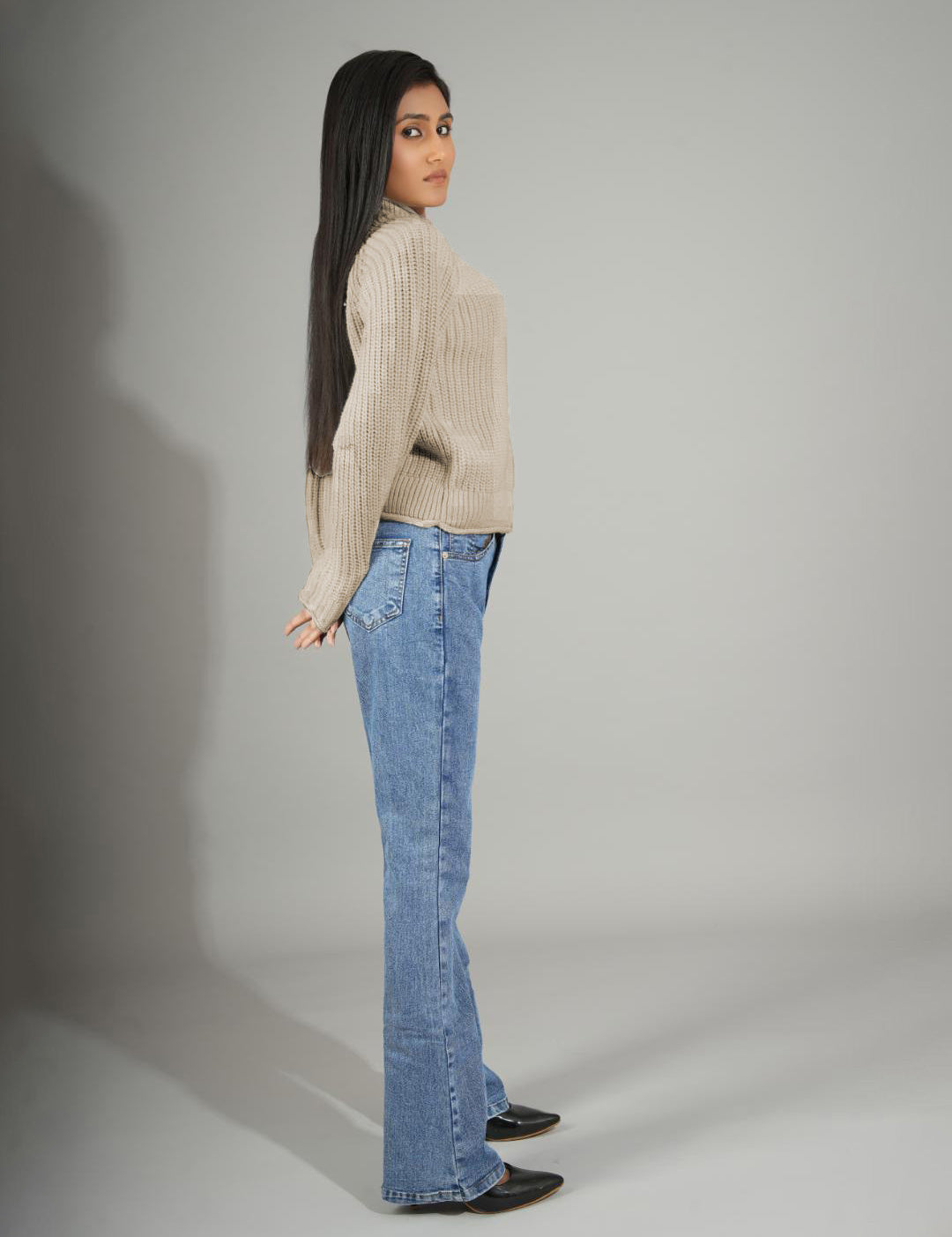 KOTTY Solid High Neck Casual Women Beige Sweater 