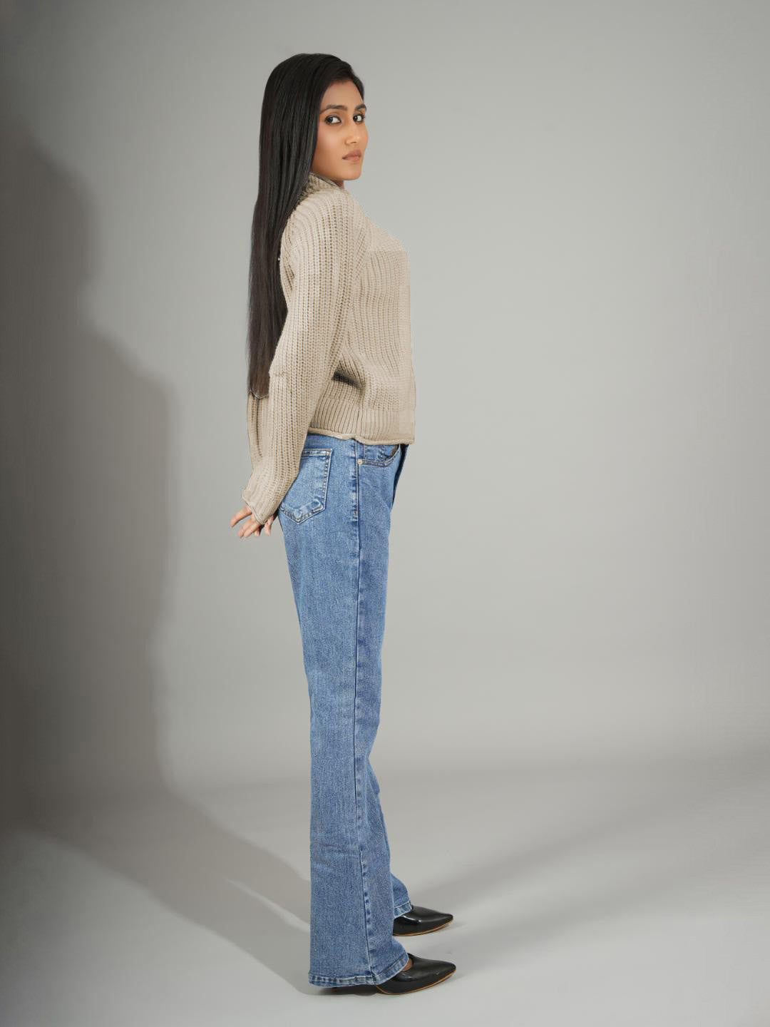 KOTTY Solid High Neck Casual Women Beige Sweater 