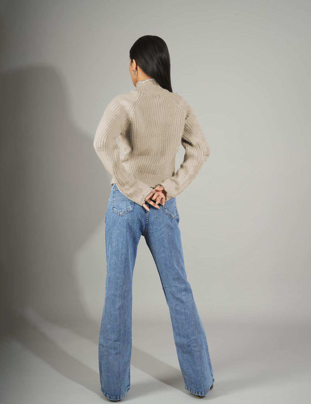 KOTTY Solid High Neck Casual Women Beige Sweater 