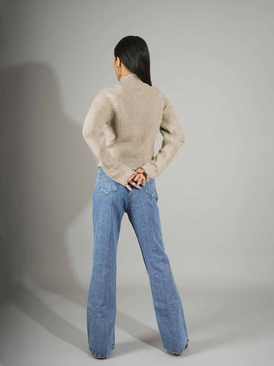 KOTTY Solid High Neck Casual Women Beige Sweater 