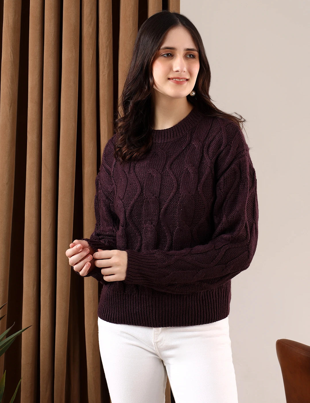 KOTTY Self Design Round Neck Casual Women Brown Sweater 
