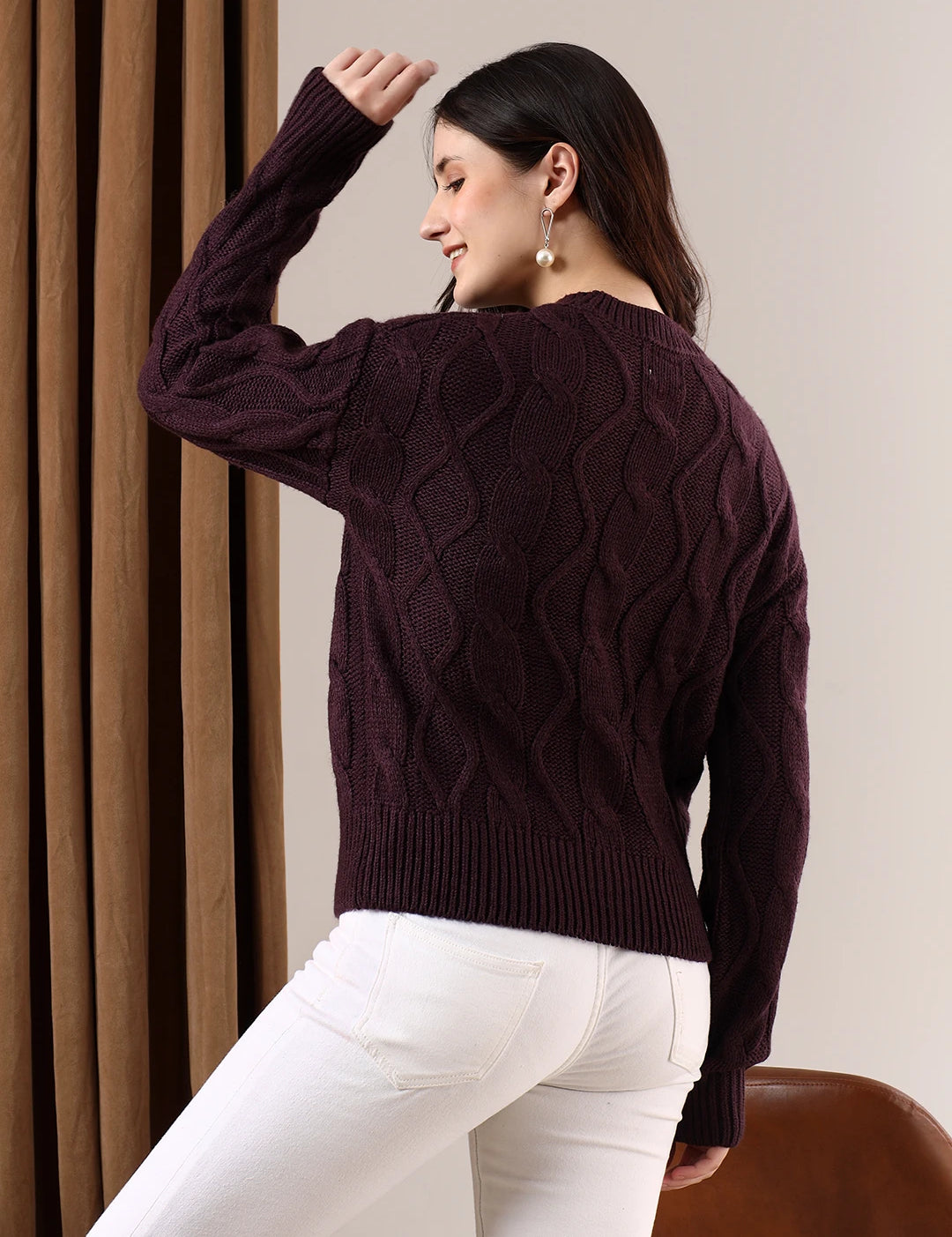 KOTTY Self Design Round Neck Casual Women Brown Sweater 