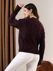 KOTTY Self Design Round Neck Casual Women Brown Sweater 