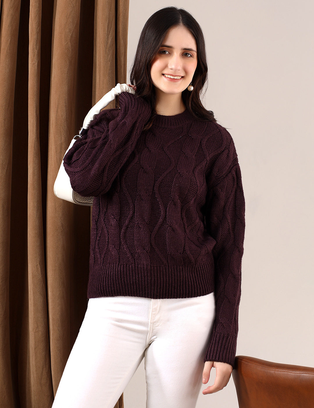 KOTTY Self Design Round Neck Casual Women Brown Sweater 