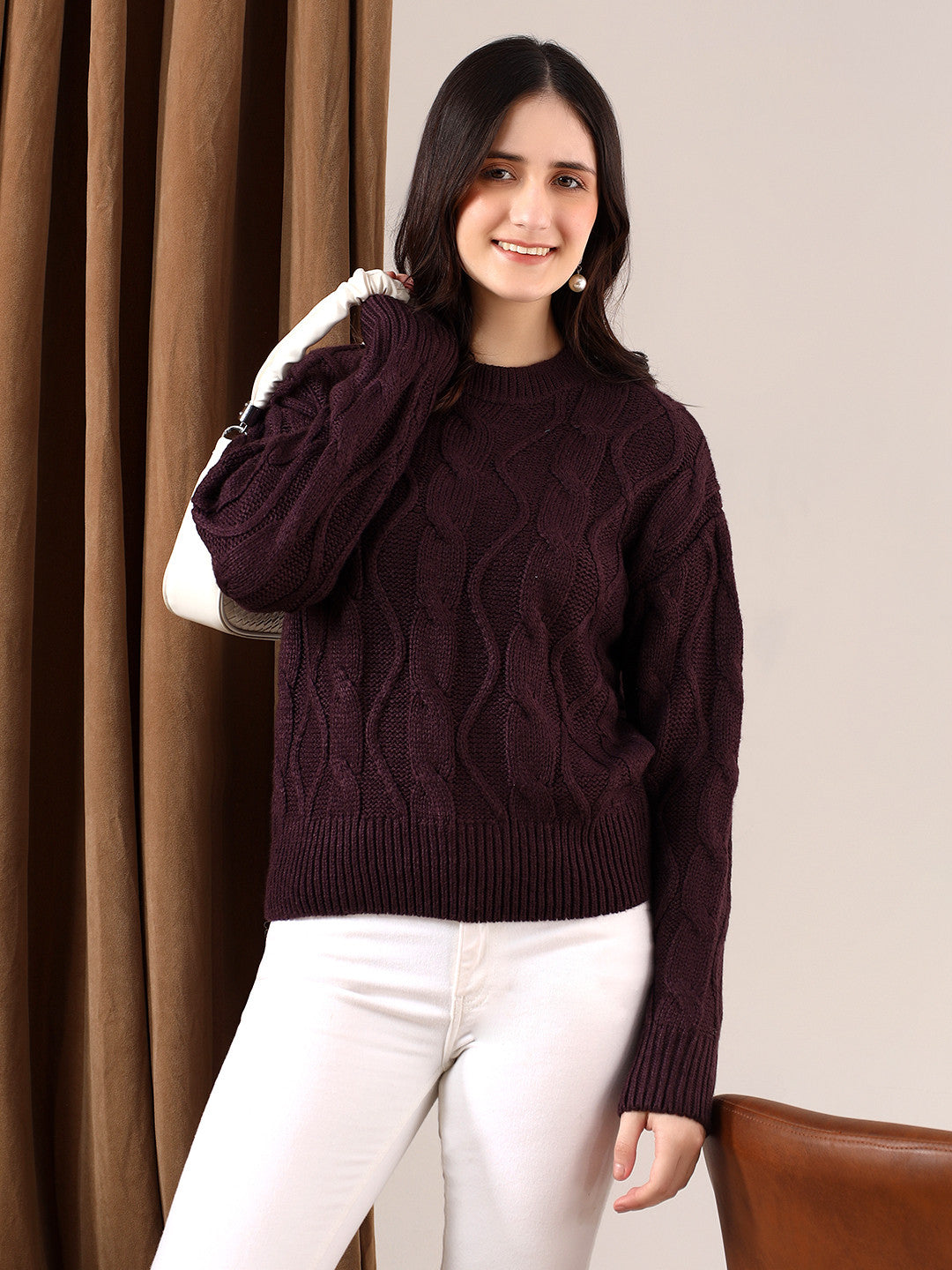 KOTTY Self Design Round Neck Casual Women Brown Sweater 