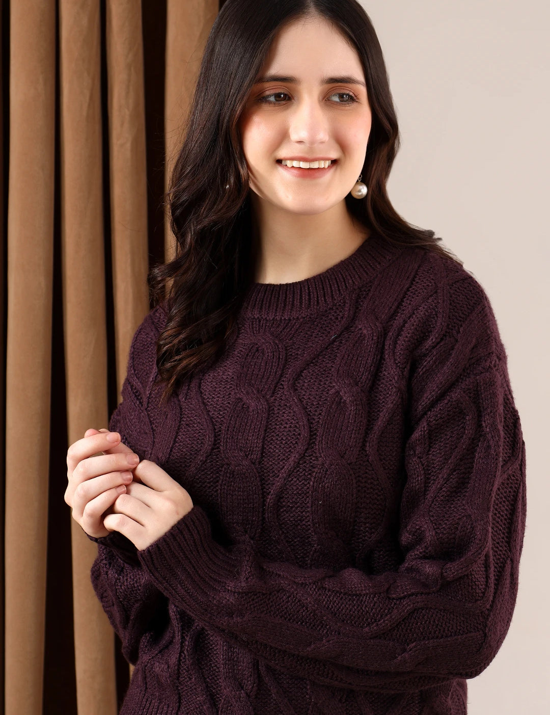 KOTTY Self Design Round Neck Casual Women Brown Sweater 