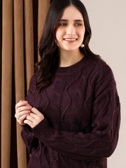 KOTTY Self Design Round Neck Casual Women Brown Sweater 