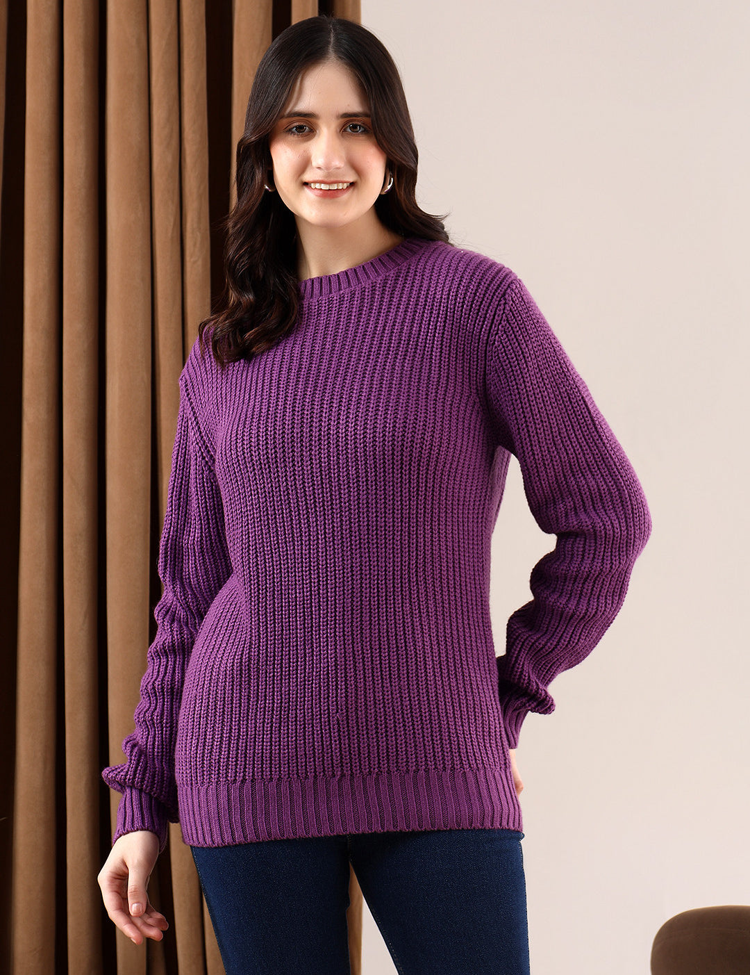KOTTY Solid Round Neck Casual Women Purple Sweater 