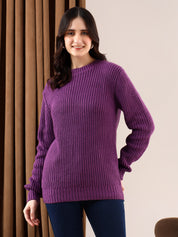 KOTTY Solid Round Neck Casual Women Purple Sweater 