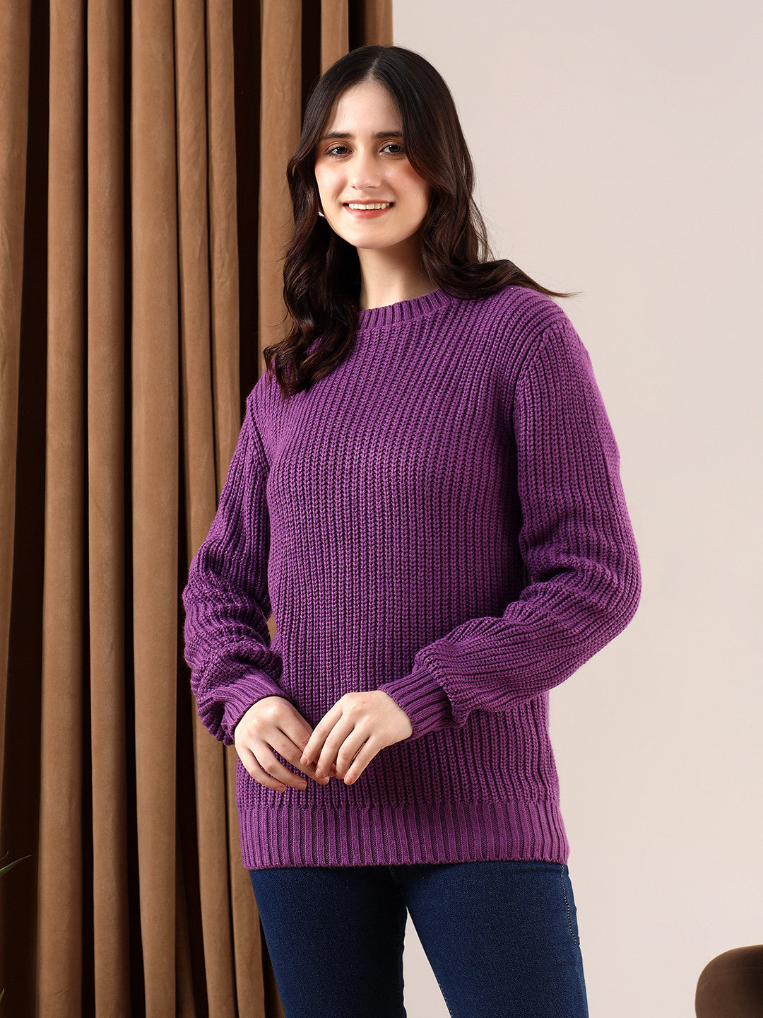 KOTTY Solid Round Neck Casual Women Purple Sweater 