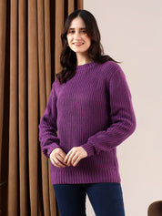 KOTTY Solid Round Neck Casual Women Purple Sweater 
