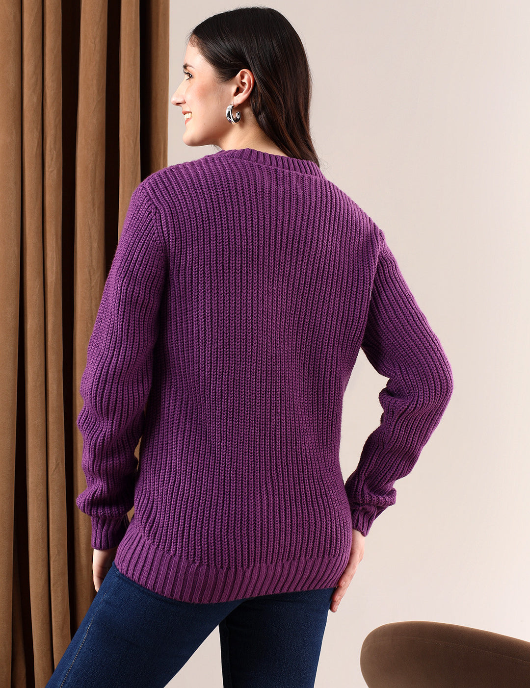 KOTTY Solid Round Neck Casual Women Purple Sweater 
