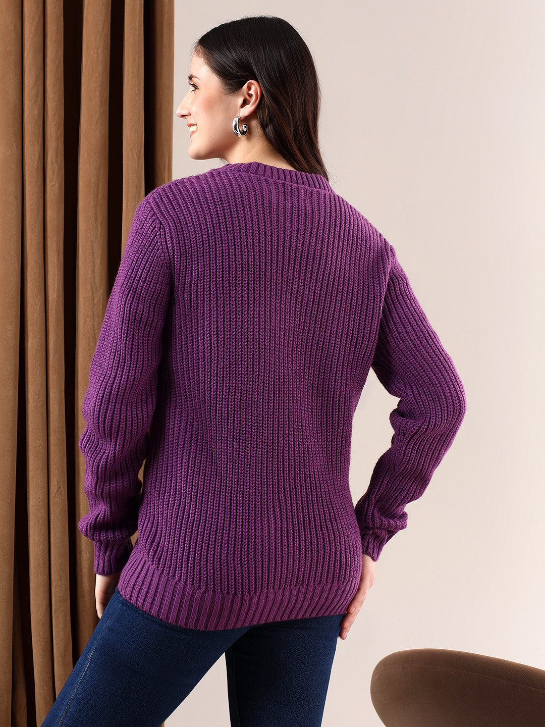 KOTTY Solid Round Neck Casual Women Purple Sweater 