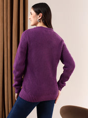 KOTTY Solid Round Neck Casual Women Purple Sweater 