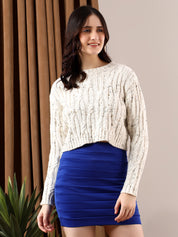 KOTTY Self Design Round Neck Casual Women White Sweater 