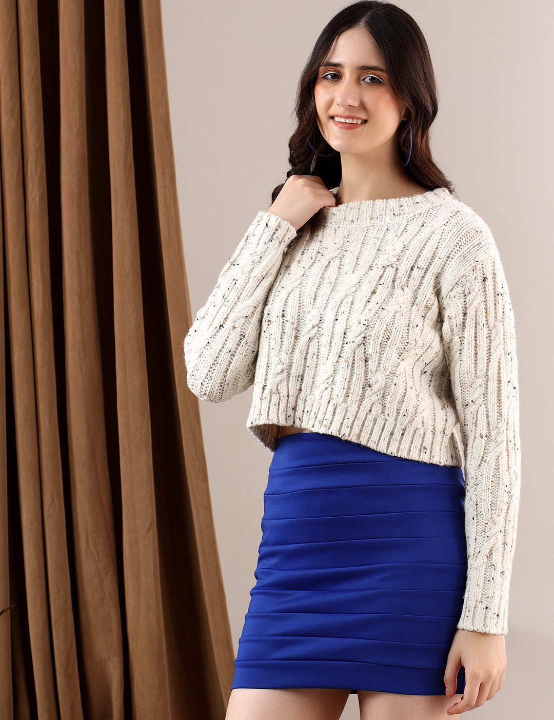 KOTTY Self Design Round Neck Casual Women White Sweater 