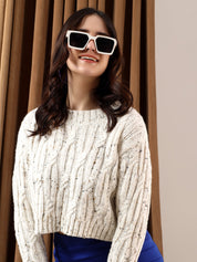 KOTTY Self Design Round Neck Casual Women White Sweater 