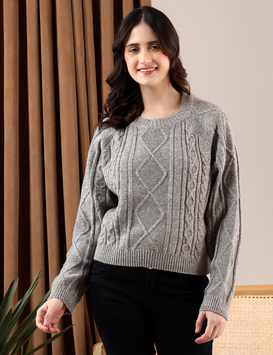 KOTTY Self Design High Neck Casual Women Grey Sweater 