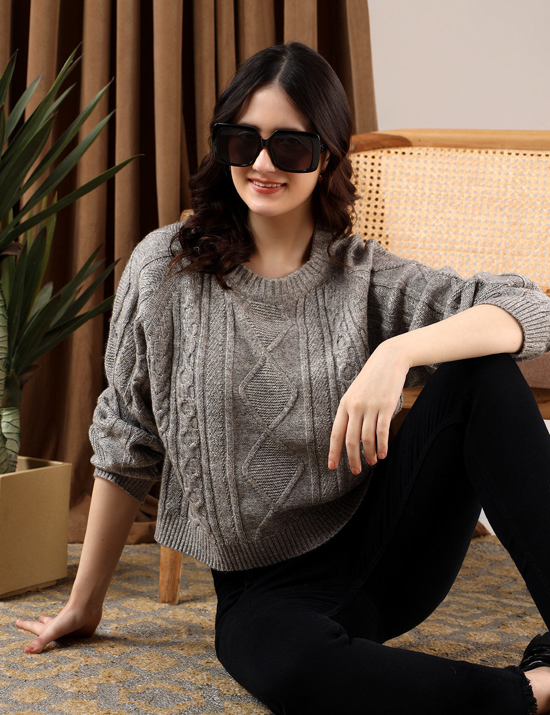 KOTTY Self Design High Neck Casual Women Grey Sweater 