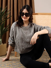 KOTTY Self Design High Neck Casual Women Grey Sweater 