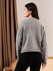 KOTTY Self Design High Neck Casual Women Grey Sweater 