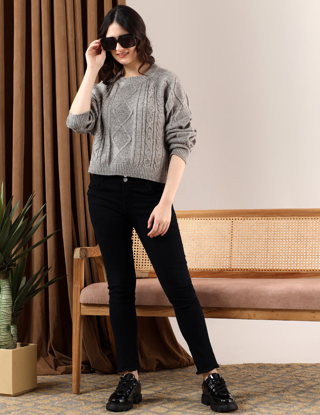 KOTTY Self Design High Neck Casual Women Grey Sweater 