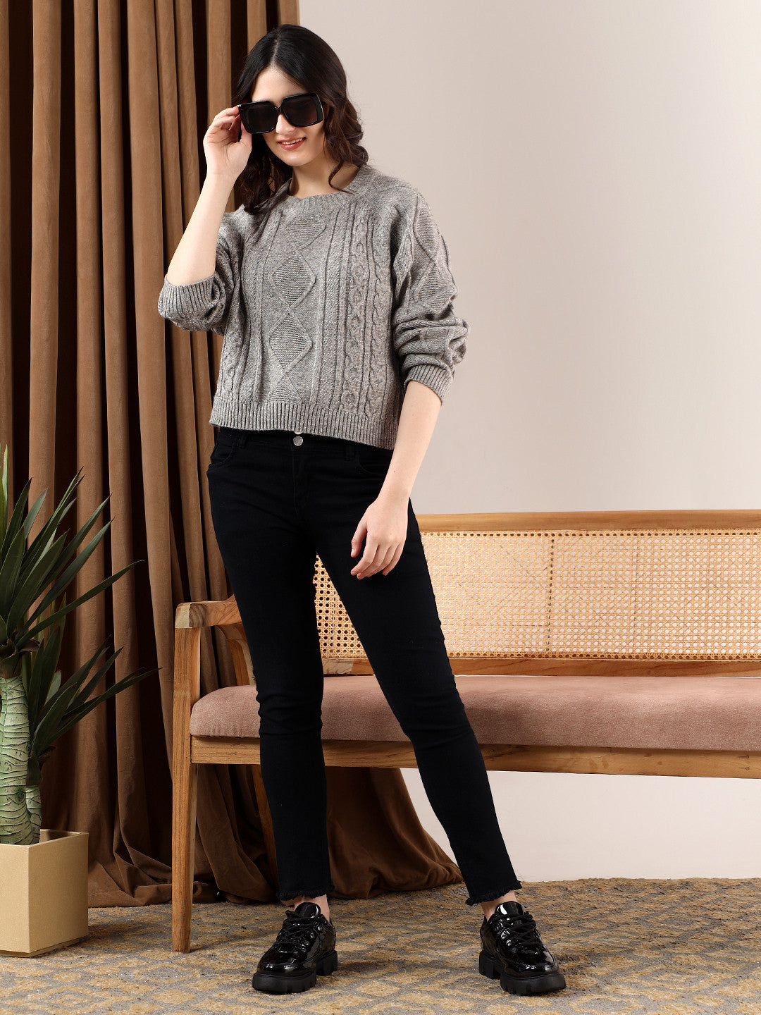 KOTTY Self Design High Neck Casual Women Grey Sweater 