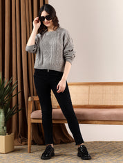 KOTTY Self Design High Neck Casual Women Grey Sweater 