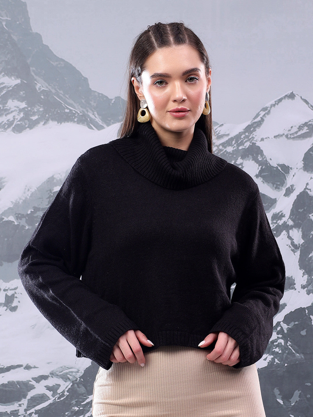 KOTTY Solid High Neck Casual Women Black Sweater 