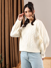 KOTTY Solid Round Neck Casual Women White Sweater 