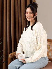 KOTTY Solid Round Neck Casual Women White Sweater 
