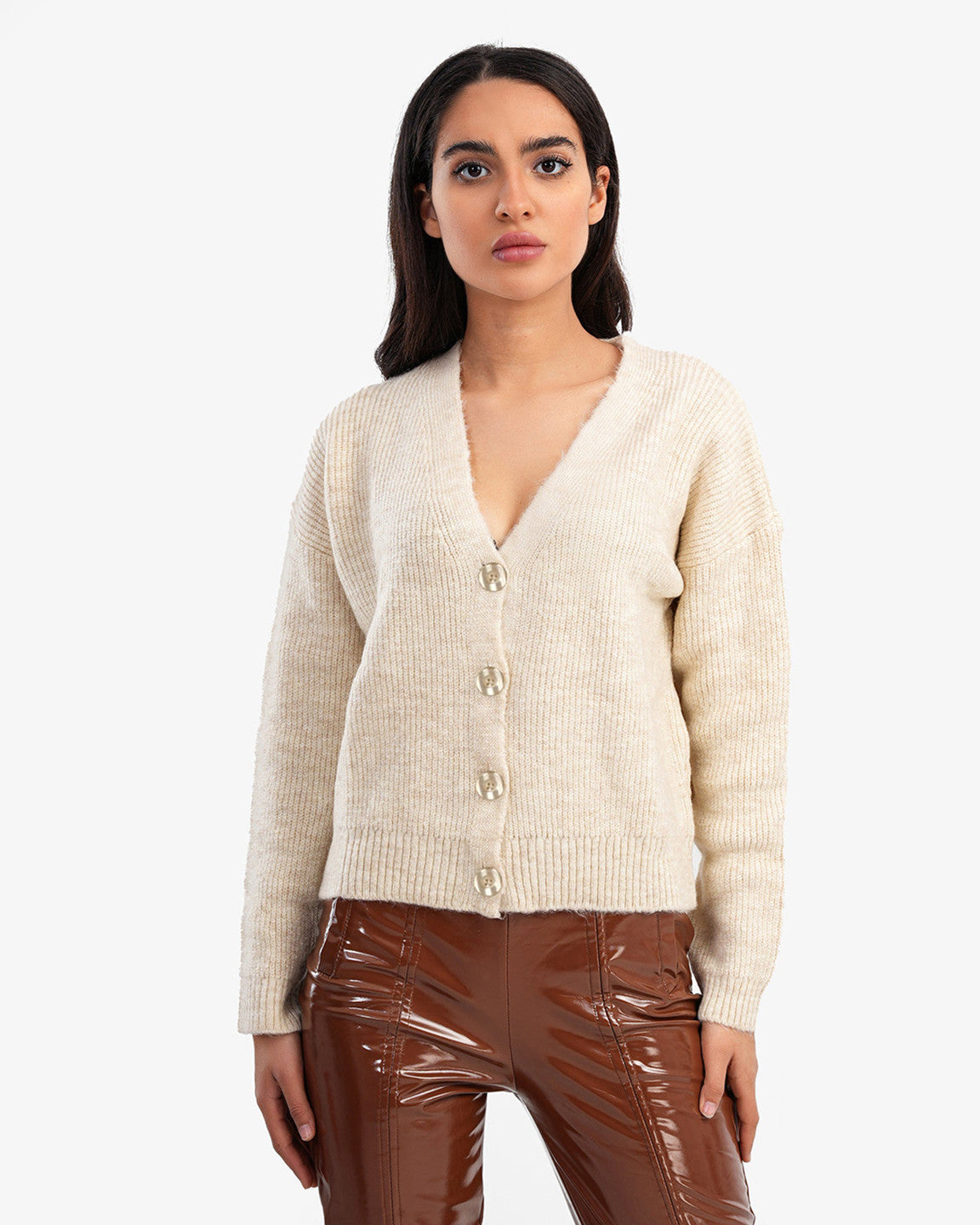 KOTTY Self Design V Neck Casual Women White Sweater 