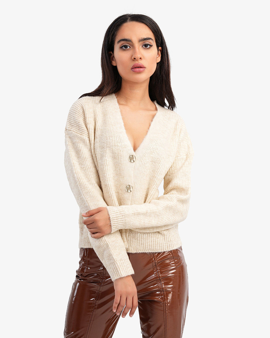 KOTTY Self Design V Neck Casual Women White Sweater 