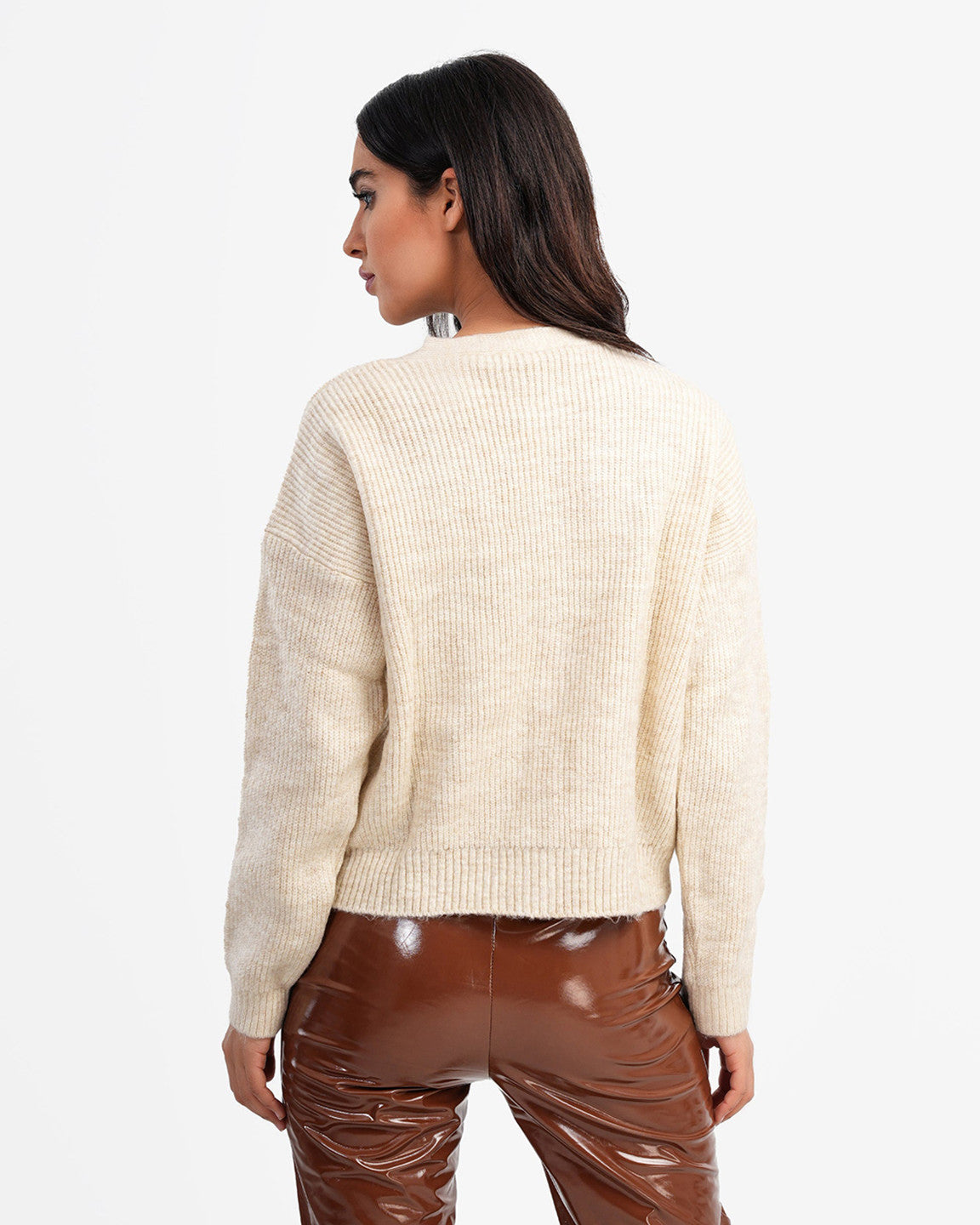 KOTTY Self Design V Neck Casual Women White Sweater 