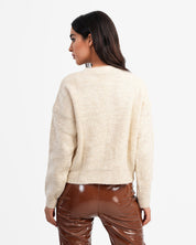 KOTTY Self Design V Neck Casual Women White Sweater 