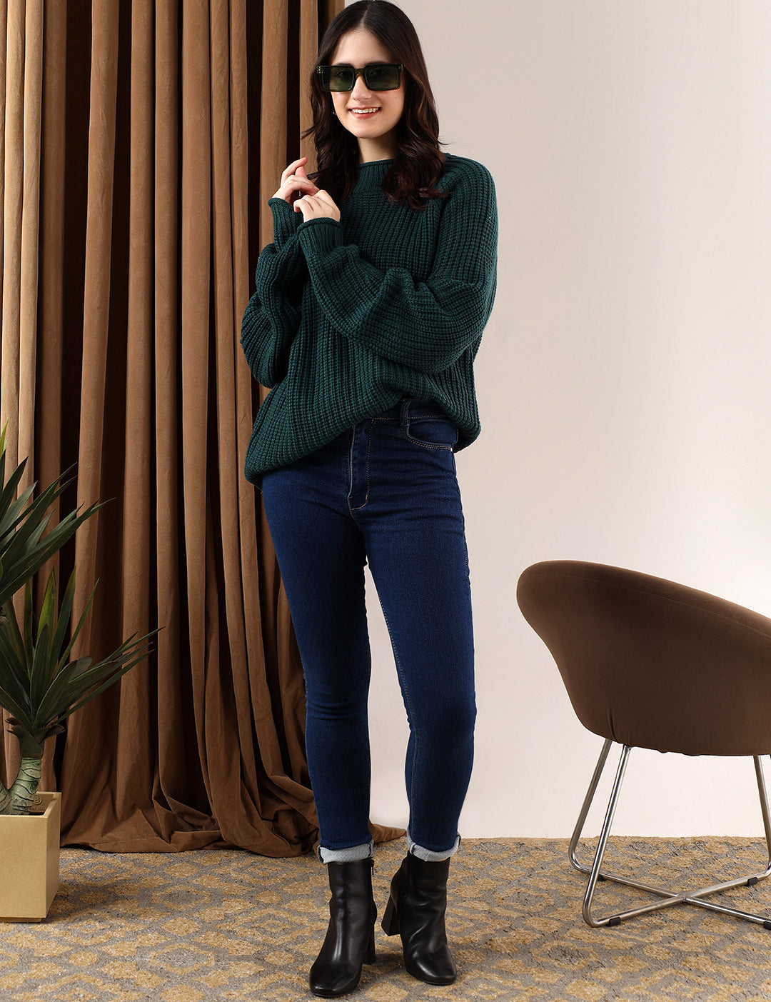 KOTTY Self Design Round Neck Casual Women Dark Green Sweater 