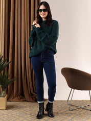 KOTTY Self Design Round Neck Casual Women Dark Green Sweater 