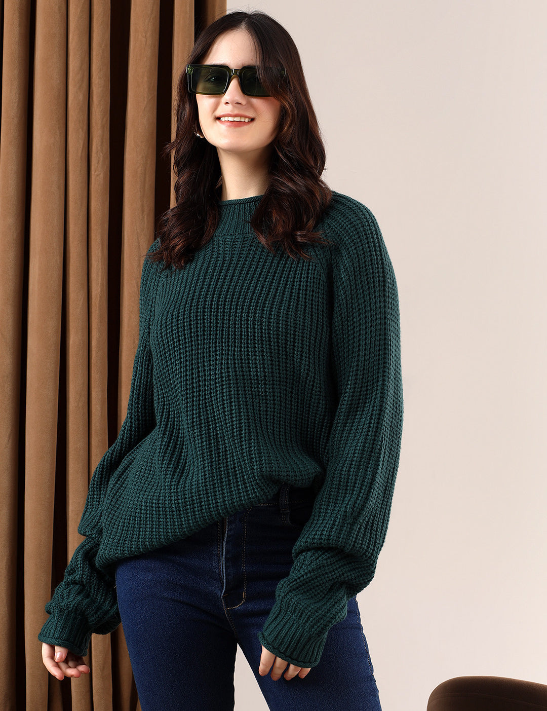 KOTTY Self Design Round Neck Casual Women Dark Green Sweater 