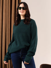 KOTTY Self Design Round Neck Casual Women Dark Green Sweater 