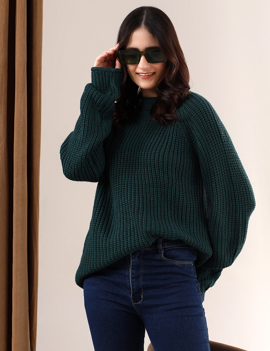 KOTTY Self Design Round Neck Casual Women Dark Green Sweater 