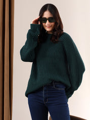 KOTTY Self Design Round Neck Casual Women Dark Green Sweater 