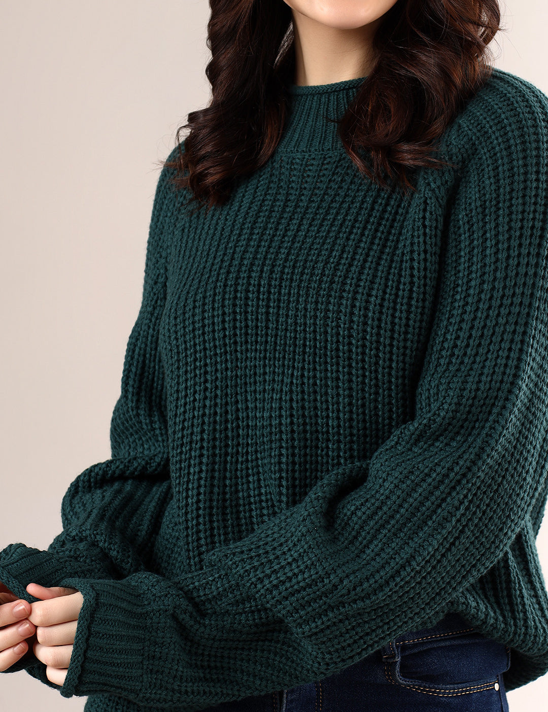 KOTTY Self Design Round Neck Casual Women Dark Green Sweater 
