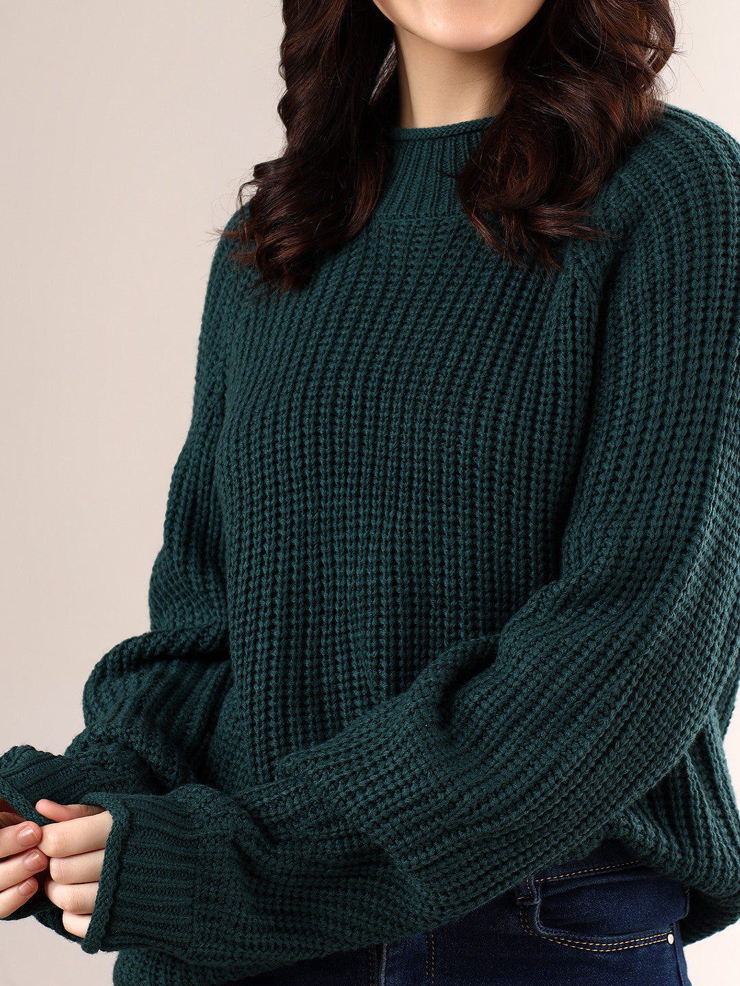KOTTY Self Design Round Neck Casual Women Dark Green Sweater 