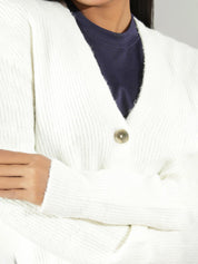 KOTTY Solid V Neck Casual Women White Sweater 