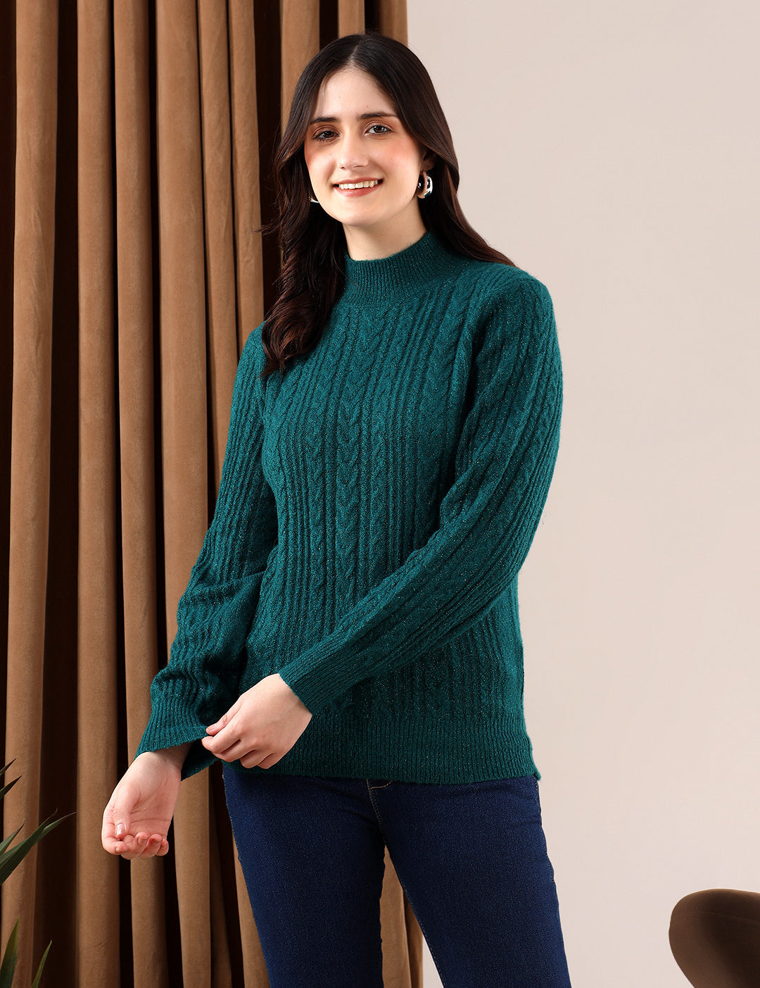 KOTTY Solid Round Neck Casual Women Dark Green Sweater 