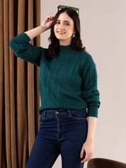 KOTTY Solid Round Neck Casual Women Dark Green Sweater 